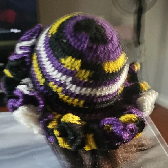 Crochet Ruffle Beanie Yellow, Purple, Black, And White